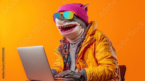 Shark in Winter Gear Uses Laptop