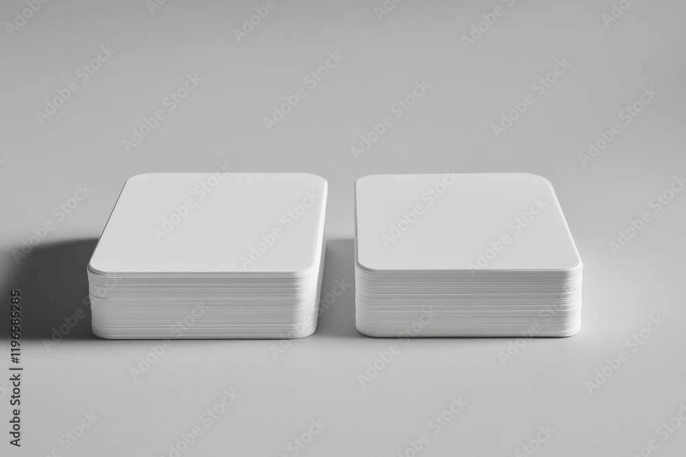 Two stacks of blank white cards on gray background. Two stacks of blank white cards on gray background.