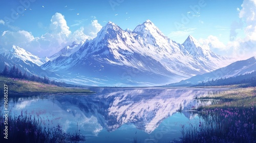 Wallpaper Mural Serene snow capped mountain range reflecting in a clear lake under a blue sky Torontodigital.ca