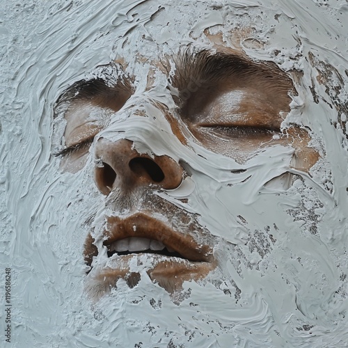 Close-up of a man's face partially covered in thick white paint, creating a textured and abstract portrait. photo