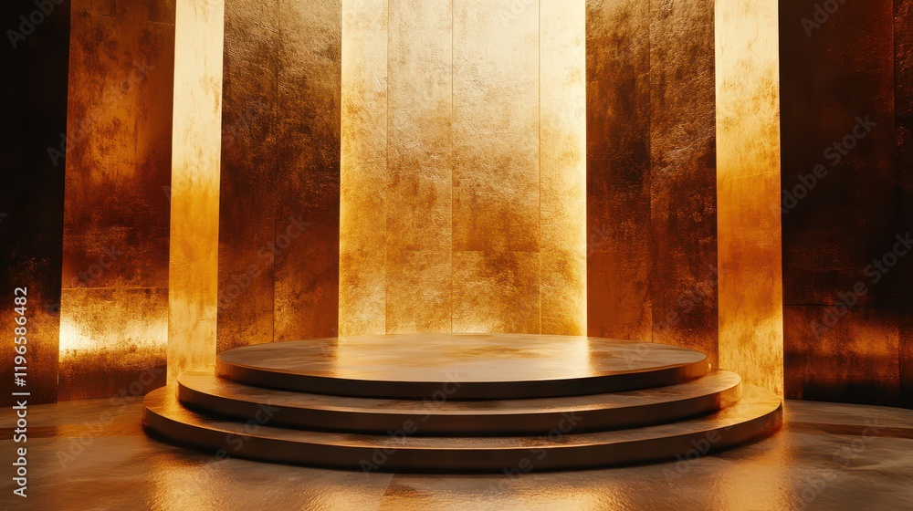 Golddipped podium surrounded by dynamic suspended shapes, ultraluxury textures, modern sophistication Golddipped podium surrounded by dynamic suspended shapes, ultraluxury textures, modern sophistication