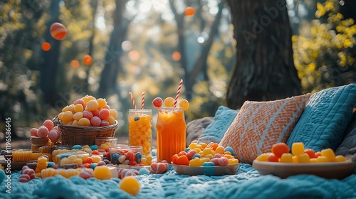 Candythemed picnic chocolate bonbons candy corn and fruit chews in a whimsical setting photo