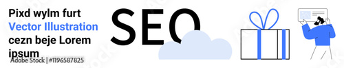 SEO acronym in bold, cloud icon, gift box, and person with blue shirt pointing at screen. Ideal for digital marketing, business strategy, online promotion, search engine optimization tutorial, web