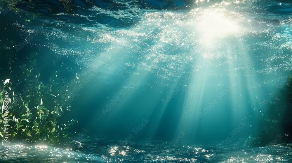 Tranquil underwater scene with sunlight streaming through vibrant waves. Tranquil underwater scene with sunlight streaming through vibrant waves.