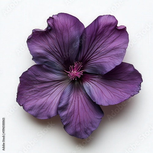 Closeup of a single, dark purple flower with visible veins on a white background. photo