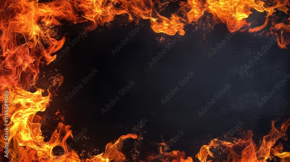 Vibrant flames create a dramatic border against a dark background. Vibrant flames create a dramatic border against a dark background.