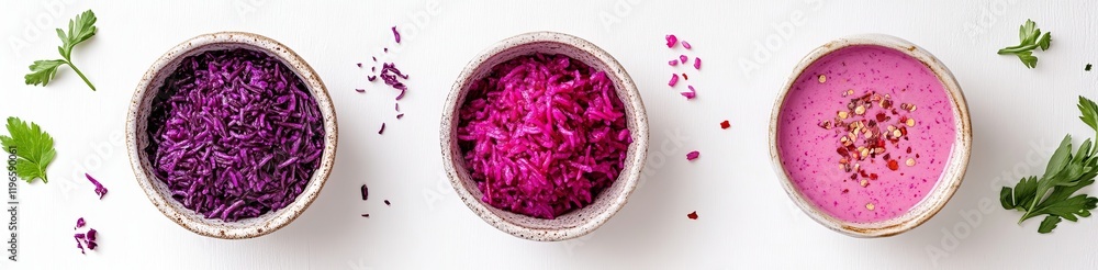 Three bowls of shredded red cabbage and a pink cabbage soup, garnished with parsley. Three bowls of shredded red cabbage and a pink cabbage soup, garnished with parsley.