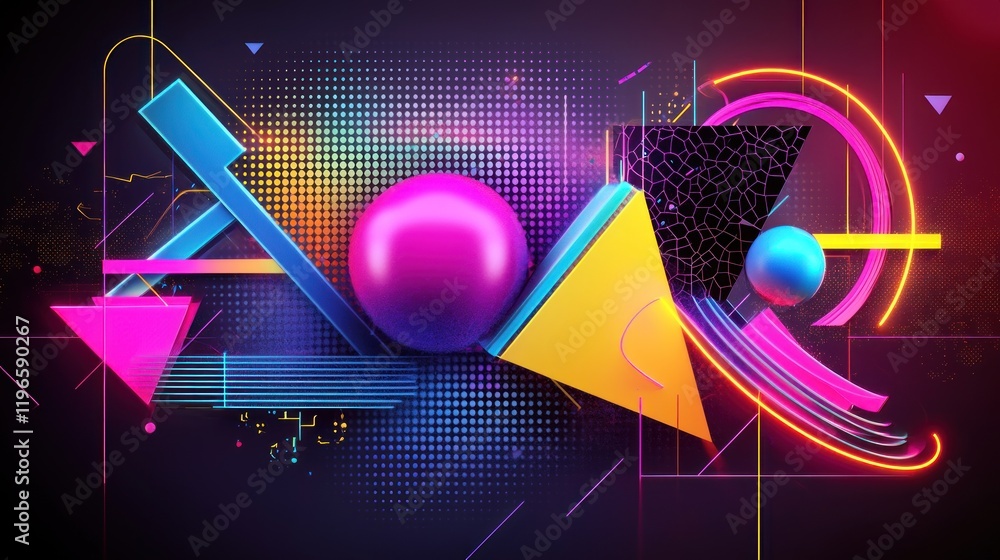 Abstract geometric shapes in vibrant colors on a digital background.