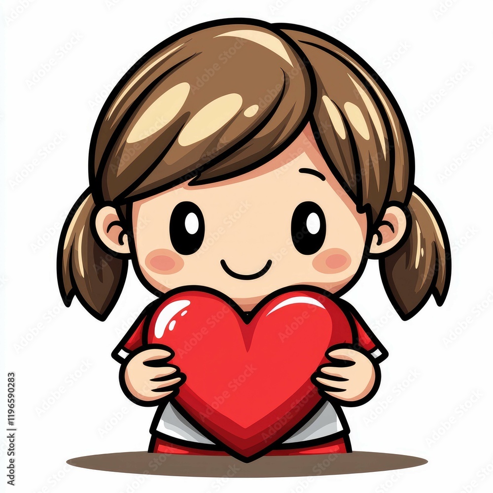 Adorable Cartoon Girl Holding a Big Red Heart: A Symbol of Love, Care, and Affection