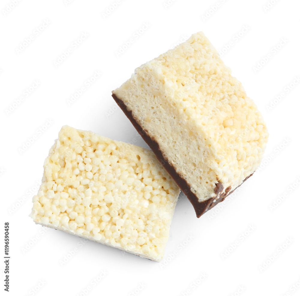 Delicious puffed rice bars isolated on white, top view Delicious puffed rice bars isolated on white, top view