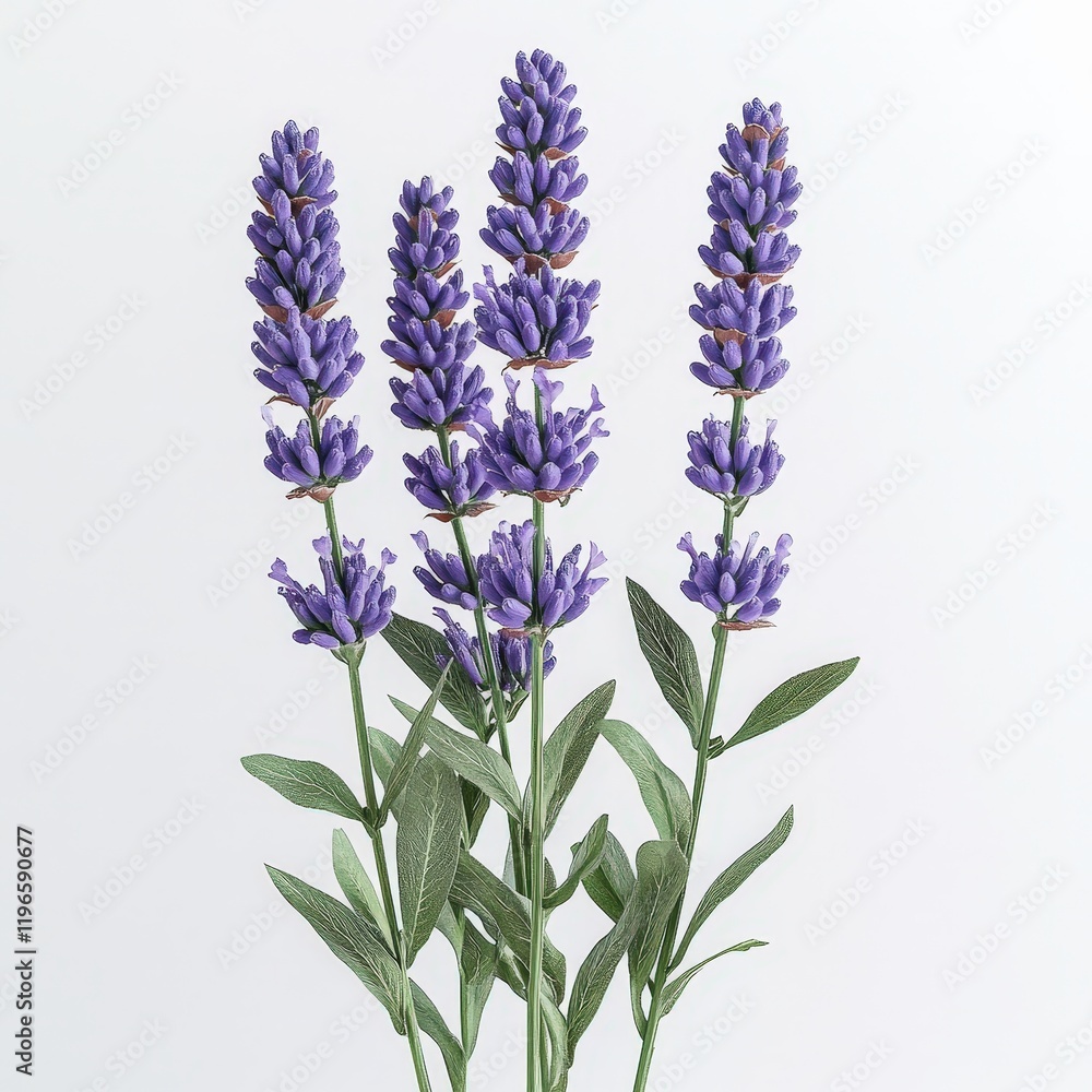 Naklejka premium Closeup of a bunch of purple lavender flowers against a white background.