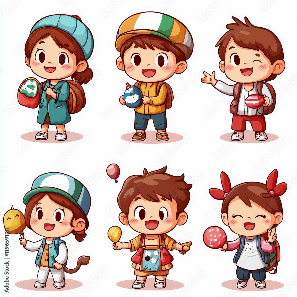 Adorable Cartoon Kids on an Exciting Adventure: A Whimsical Illustration of Happy Children Playing Together Adorable Cartoon Kids on an Exciting Adventure: A Whimsical Illustration of Happy Children Playing Together