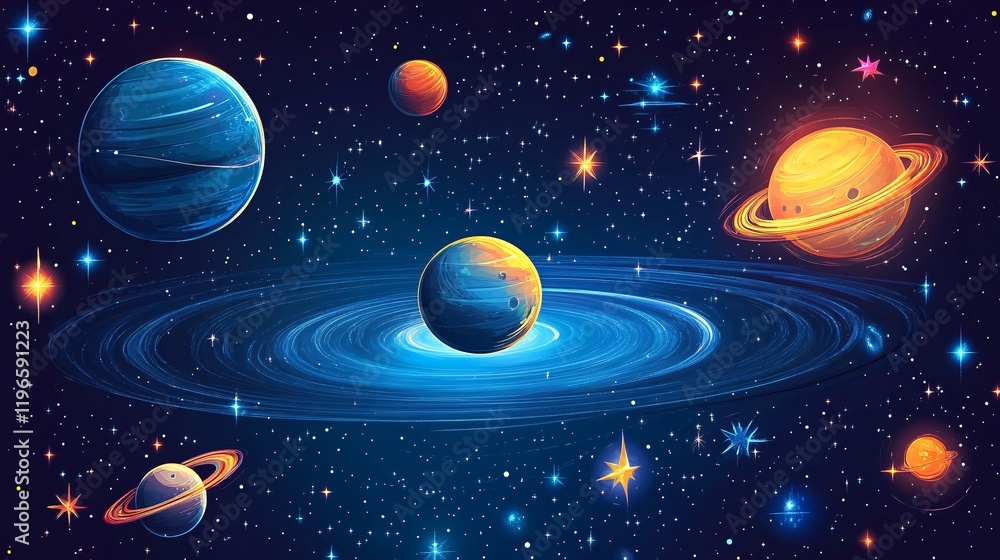 Fototapeta premium A glowing galaxy texture with simplified, cartoon stars and planets