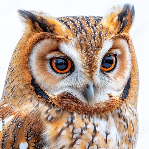 Closeup portrait of an owl with bright orange eyes, detailed feathers, and a white background. photo