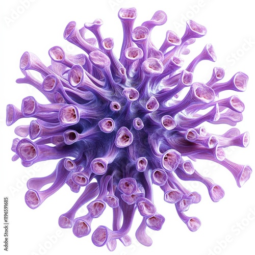 Closeup 3D render of a purple virus against a white background. photo