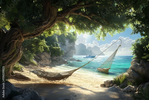 Serene hammock on secluded tropical beach with boats and lush foliage under a large tree.