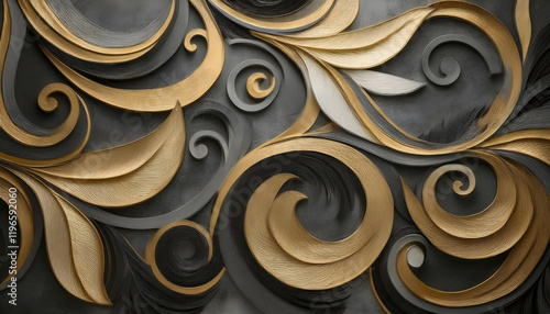 Elegant gold and black swirling designs, resembling embossed patterns with luxurious texture and metallic tones. can be use in Luxury branding, product packaging, wallpaper patterns, or exclusive invi photo