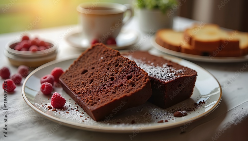 Chocolate cake with raspberries on rustic table, cozy morning breakfast scene Chocolate cake with raspberries on rustic table, cozy morning breakfast scene