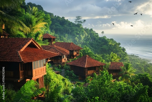 Lush hillside houses overlooking ocean.