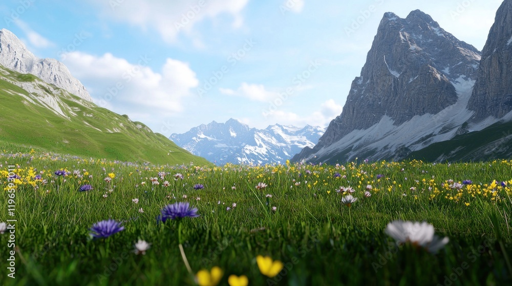 Scenic mountain landscape with vibrant wildflowers and blue sky.