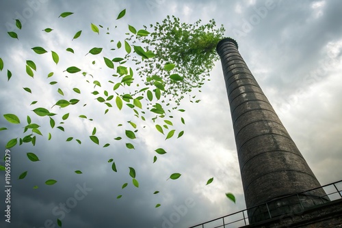 Chimney releasing green leaves. Eco-friendly industry