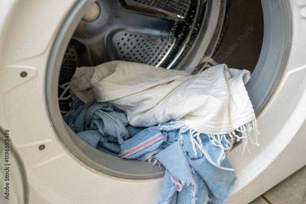 torn clothes in washing machine drum. Laundry damage torn clothes in washing machine drum. Laundry damage