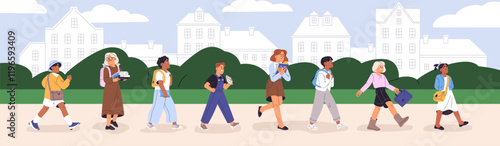 Happy students back to school banner. Cute kids with backpacks, books go to study one by one. Diverse children, pupils, boys, girls walk together at Knowledge day panorama. Flat vector illustration
