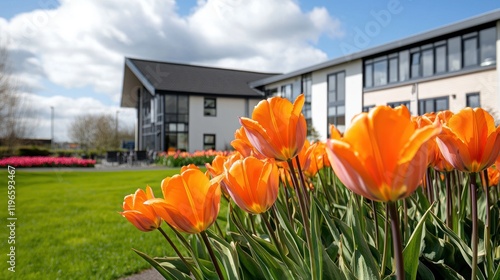 Vibrant orange tulips in a landscaped garden near modern buildings.