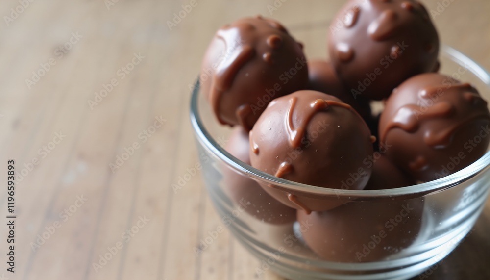 Close-up of chocolate truffles in glass bowl on wooden table, sweet dessert inspiration Close-up of chocolate truffles in glass bowl on wooden table, sweet dessert inspiration