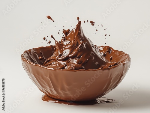 A bowl of melted chocolate with a splash, on a white background. photo