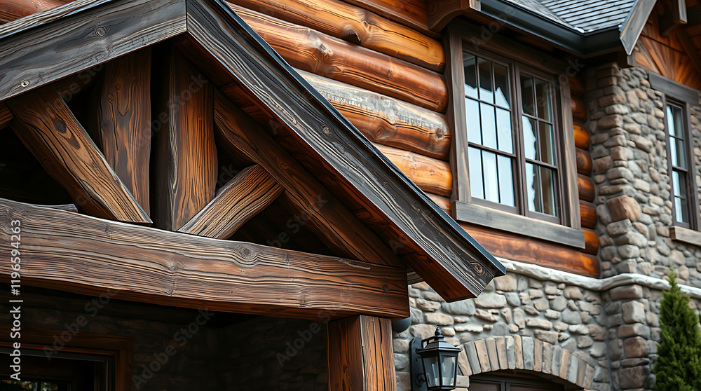 Rustic Log Cabin Exterior: Wooden Beams and Stonework. A charming architectural design featuring natural wood and stone elements, creating a cozy and elegant home. Rustic Log Cabin Exterior: Wooden Beams and Stonework. A charming architectural design featuring natural wood and stone elements, creating a cozy and elegant home.
