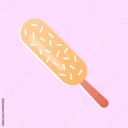 Flat illustration of fruit ice. Yellow ice cream on stick, popsicle. Stylish print, sticker