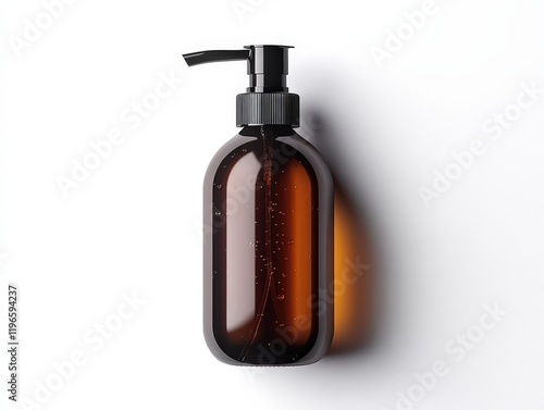 Overhead shot of an amber glass bottle with a black pump dispenser against a white background. photo