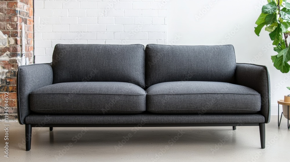 Fototapeta premium Contemporary, furniture and bold, A sleek, modern gray sofa with plush cushions, set against a brick wall and complemented by a green plant, enhancing a stylish interior space.