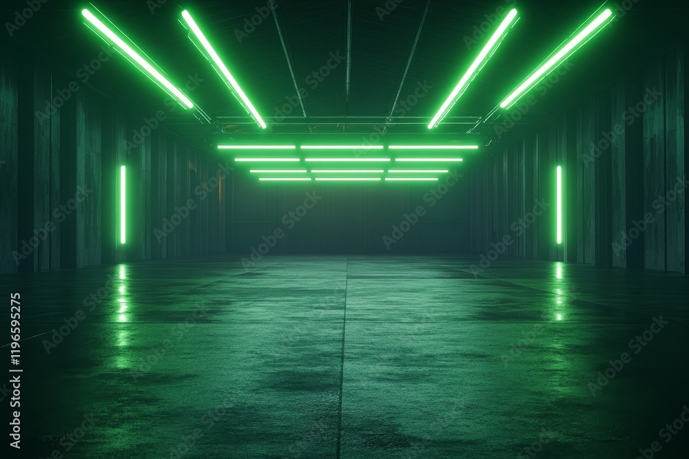 Dark corridor with green neon lights reflecting on wet floor. Dark corridor with green neon lights reflecting on wet floor.