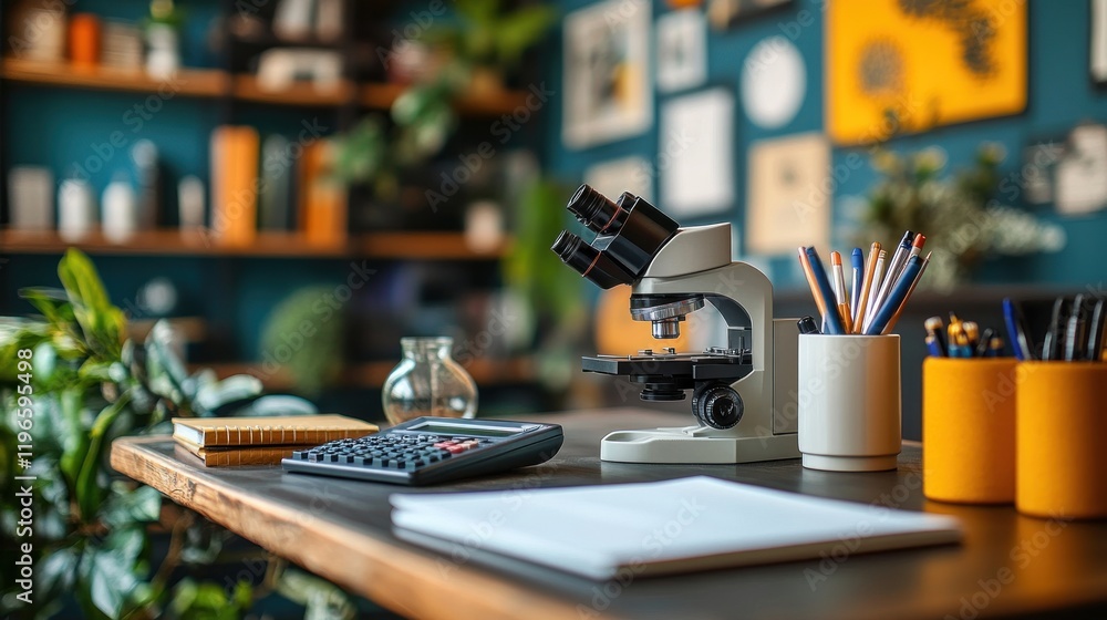Microscope on a Desk in a Home Office Microscope on a Desk in a Home Office