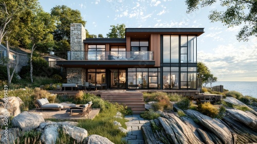 Modern lakeside house with large windows and natural surroundings.