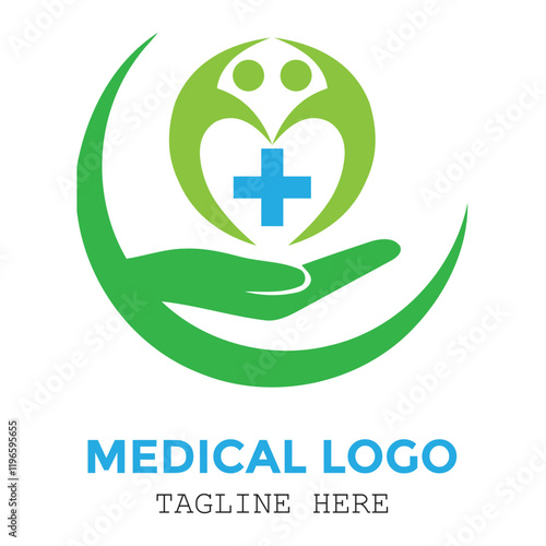 Cross with two people and hand professional medical care health unique modern logo design