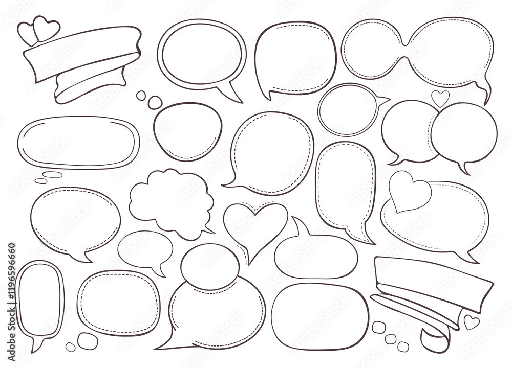 Fototapeta premium Speech bubbles for comics text. Blank talking bubbles, message box for poster, banner, books, web design. Chatting box in heart shape