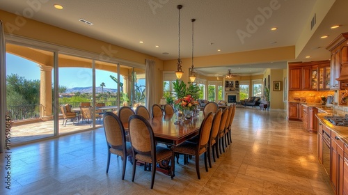 Elegant dining area with scenic views and a cozy living space.