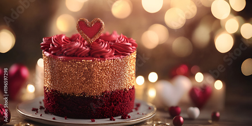 Red and Pink Celebration Cake with Decorative Hearts photo