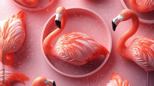 A vibrant arrangement of stylized flamingos against a pink background, showcasing artistic design. photo