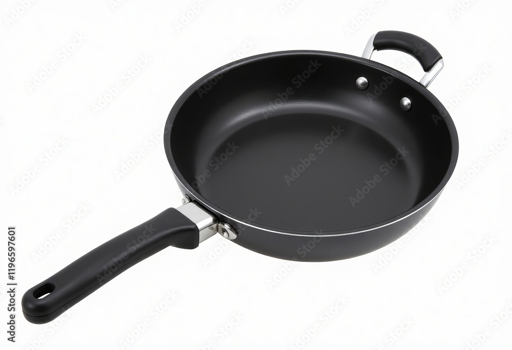 Black cooking pan with handle and silver accents Black cooking pan with handle and silver accents