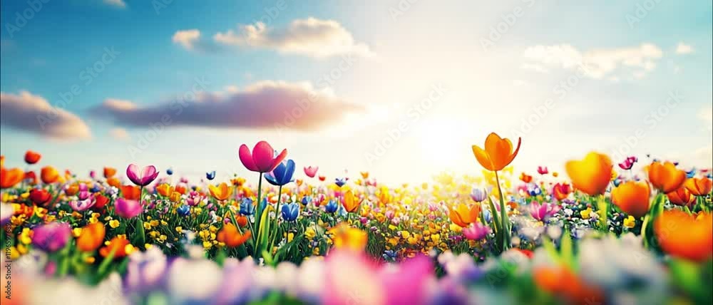 Slow motion movie showing a field of pretty wild flowers gently swaying in the breeze. A stunning summer meadow with natural beauty animation blue sky