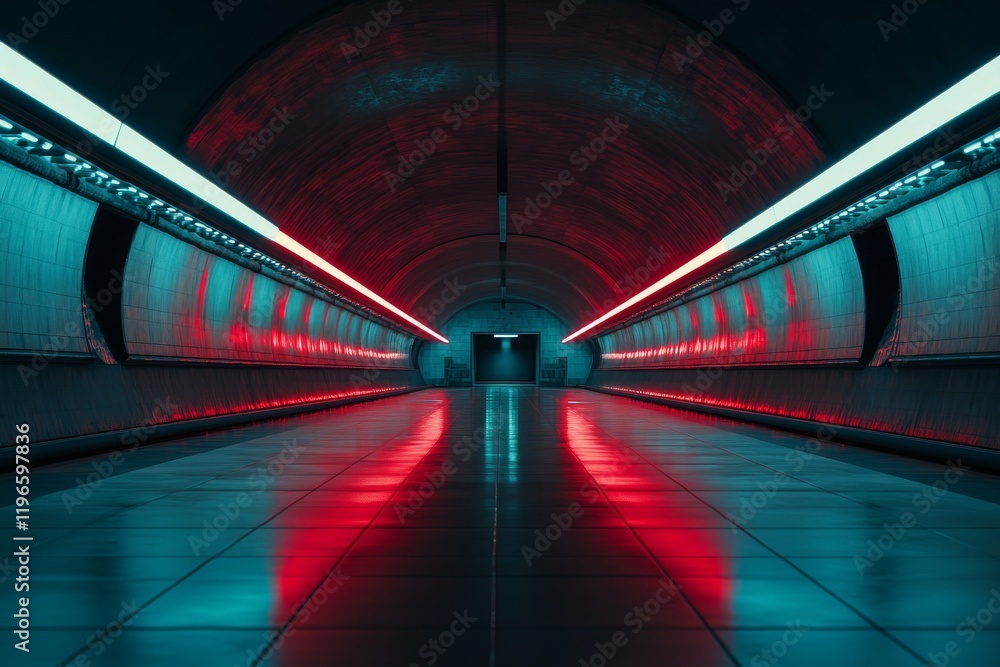 Futuristic tunnel with red and blue neon lights reflecting on a glossy floor. Futuristic tunnel with red and blue neon lights reflecting on a glossy floor.