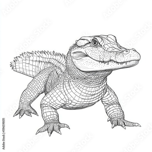 Alligator: A Detailed Line Drawing of a Majestic Reptile in Black and White.  A stunning wildlife illustration perfect for nature lovers and art enthusiasts. photo