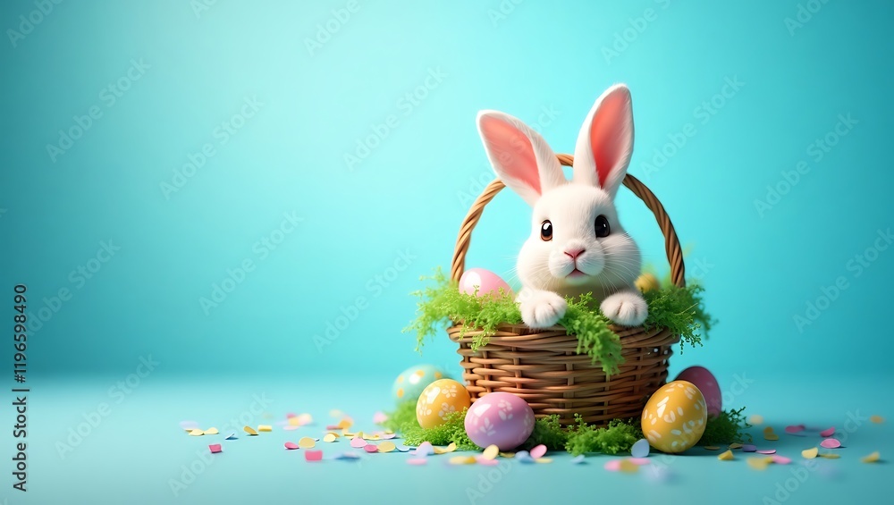 Fototapeta premium Adorable Easter Bunny in a Basket with Blue Background