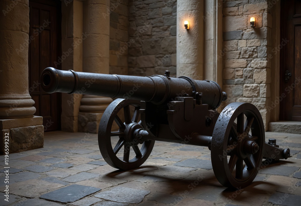 Cannon in stone room with pillars and lights Cannon in stone room with pillars and lights