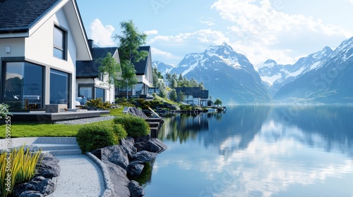Scenic lakeside homes with mountains and clear reflections.