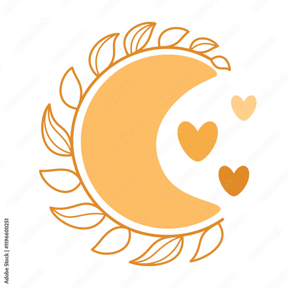 Fototapeta premium Boho moon clipart. Valentine clipart. Boho Valentines day clipart. Cute Valentine object in flat style. Hand draw vector illustration